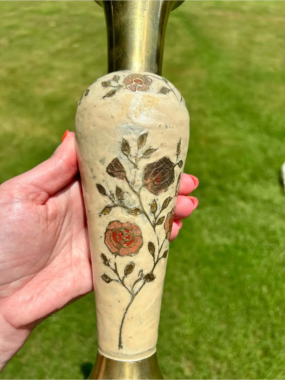 Vintage Enameled Brass Rose Bud Vase 70s India Cloisonne Style - Picture 8 of 12